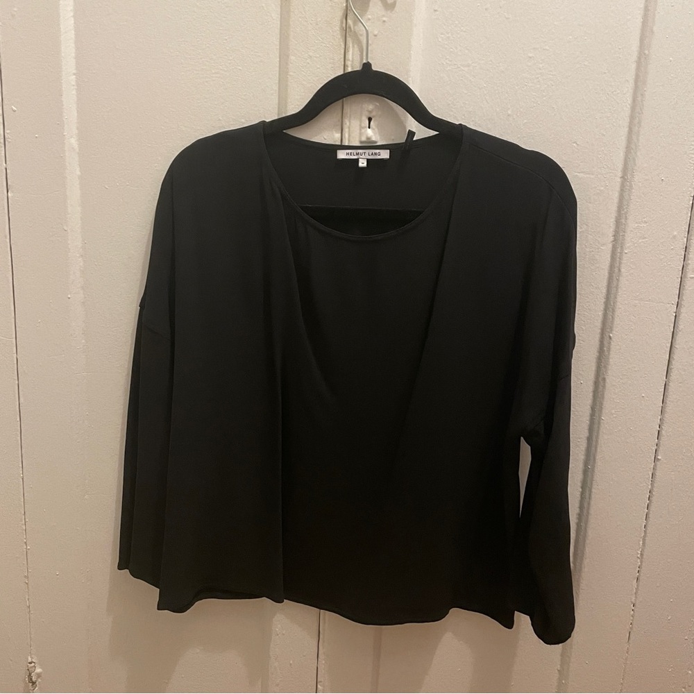 Helmut Lang Minimal Viscose Elegant Black 3/4 Sleeve Blouse